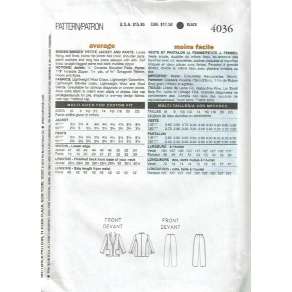 Butterick Sewing Pattern 4036‎ Misses Jacket Pants Size 6-10